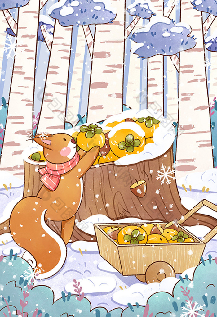 冬天松鼠囤食物插画