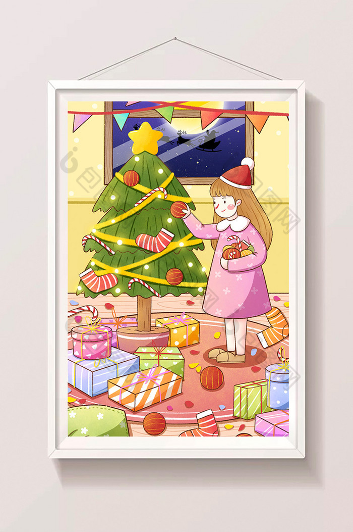 圣诞节女孩装饰圣诞树插画图片图片