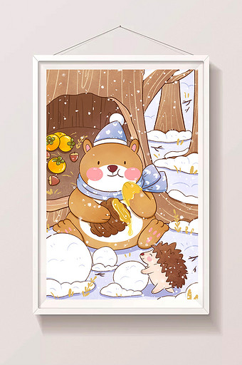冬季小熊小松鼠树洞旁吃蜂蜜插画图片