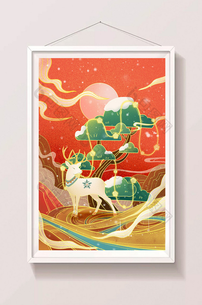 中国风圣诞麋鹿插画