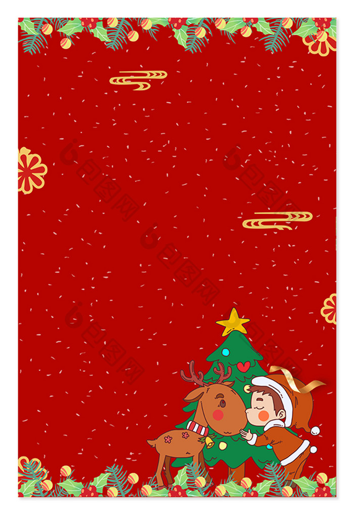 红色系卡通麋鹿圣诞节背景