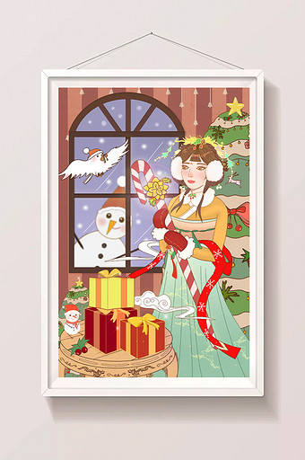 红色中国人物圣诞节主题插画图片