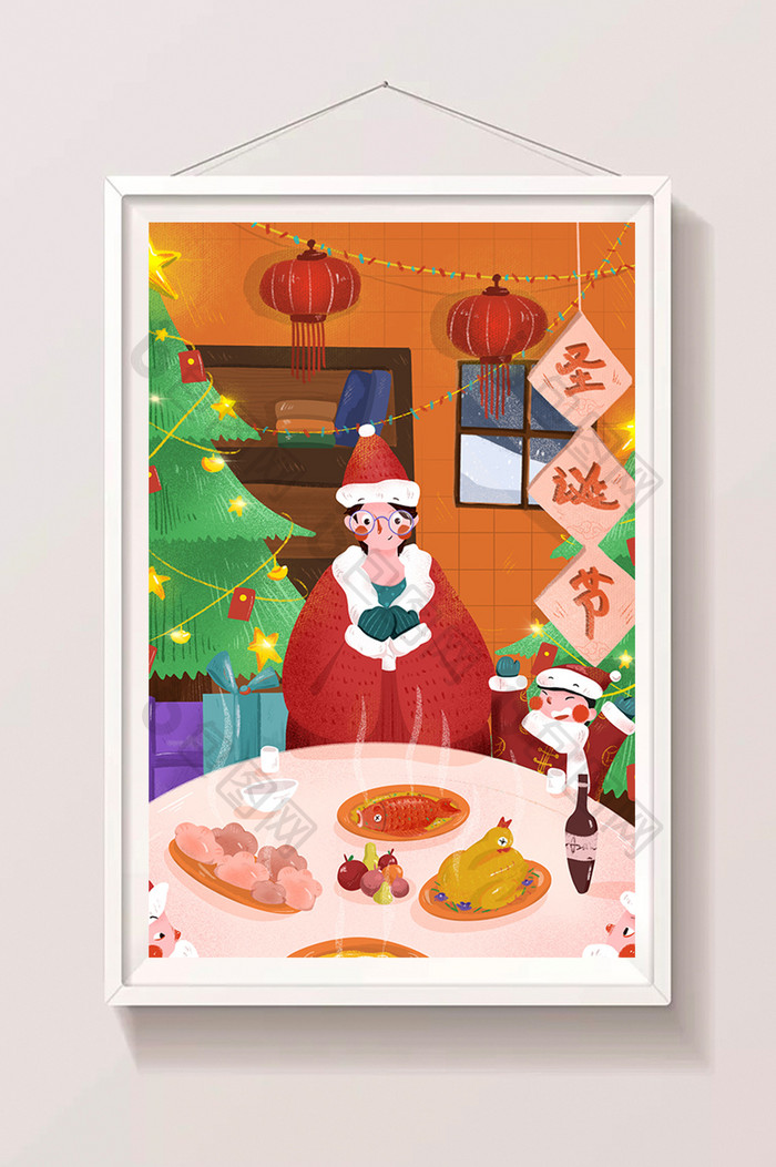 红绿圣诞中国化团圆插画