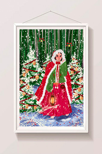 中国风汉服美女圣诞节装饰丛林插画图片
