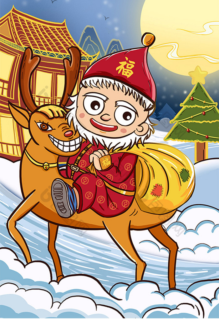 中国风圣诞老人麋鹿插画图片
