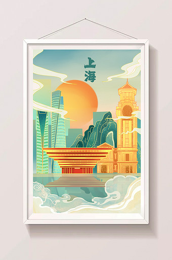 上海中国馆城市地标建筑现代建筑鎏金插画图片