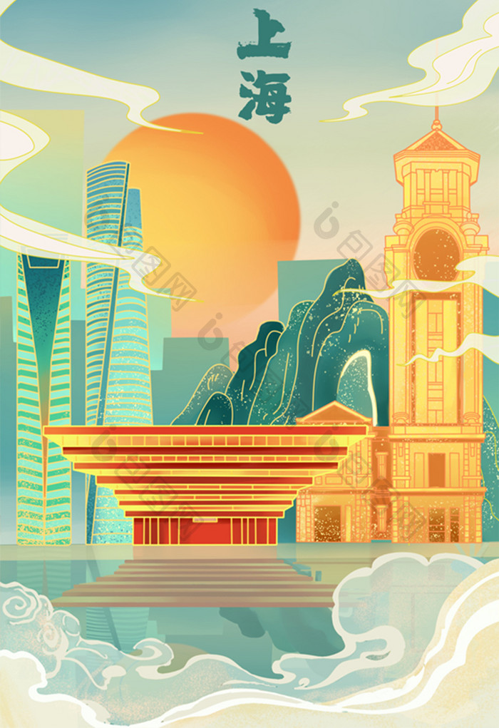 上海中国馆城市地标建筑现代建筑鎏金插画