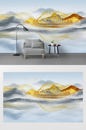 水墨山水金色线条中国风鎏金电视背景墙图片