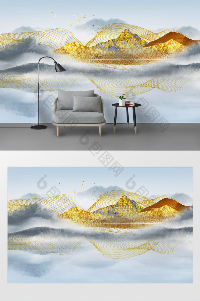水墨山水金色线条鎏金电视背景墙图片图片