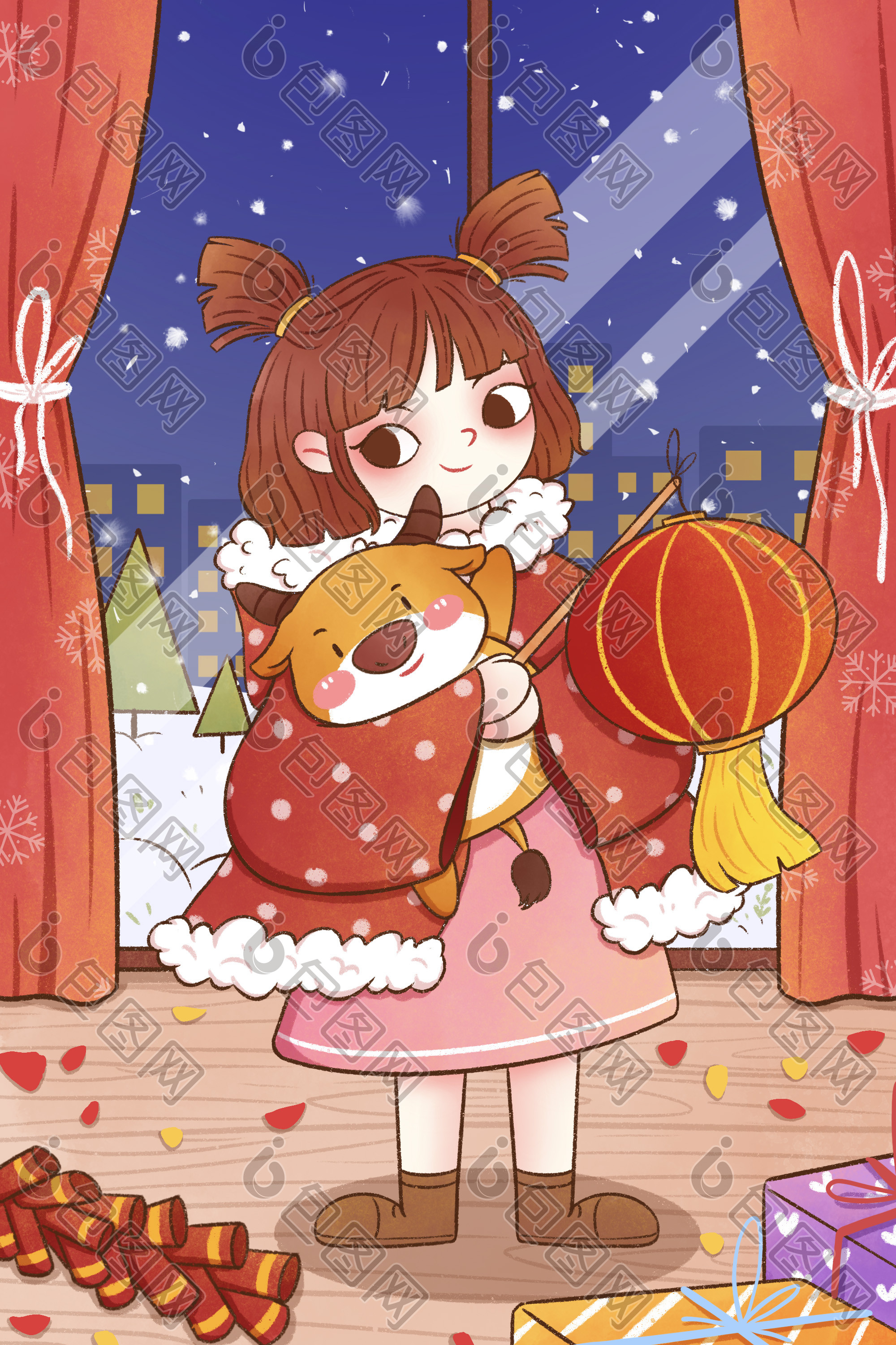 新年女孩提着灯笼插画图片