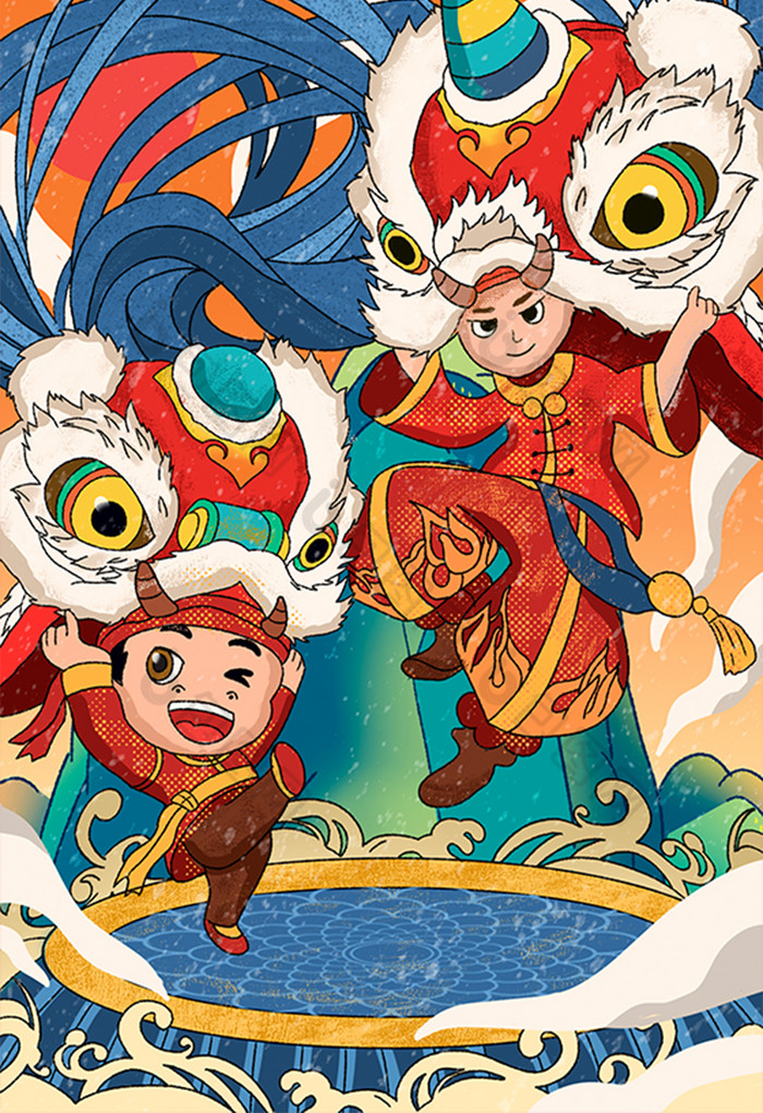 2021牛年新年舞狮插画图片