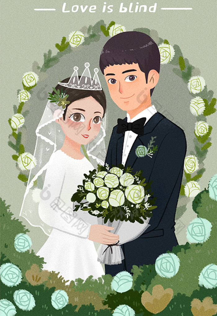 绿色情人节花婚纱浪漫结婚插画