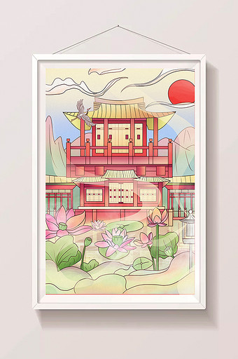 红色古风大气中国风建筑插画图片