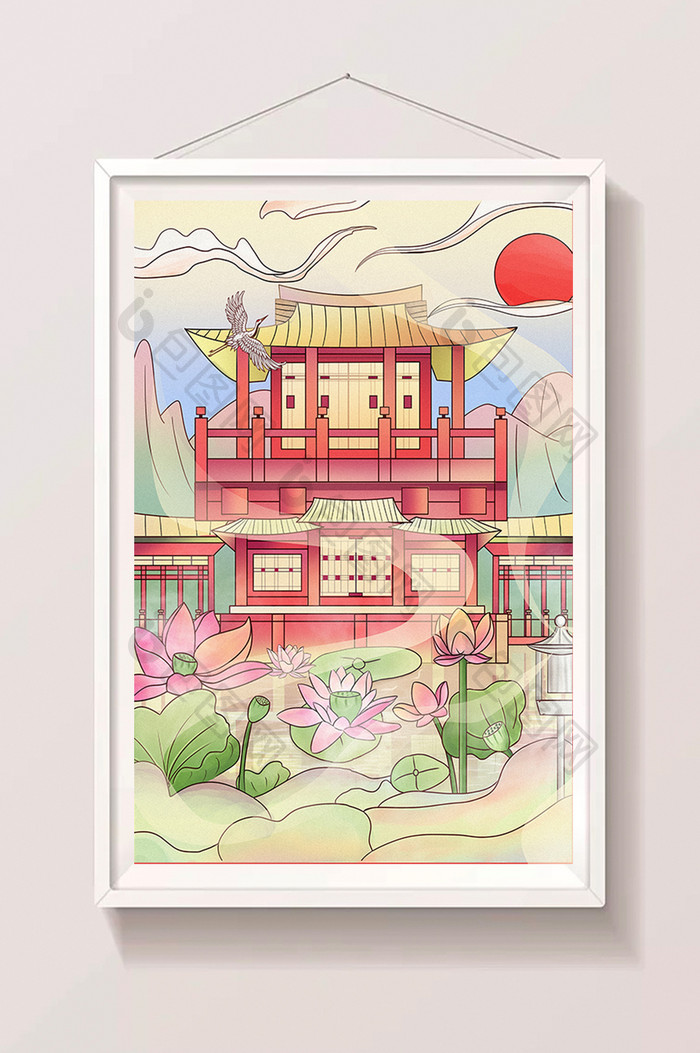 红色古风大气中国风建筑插画