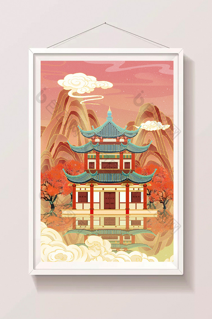 中国风国潮古风梦幻山水建筑插画