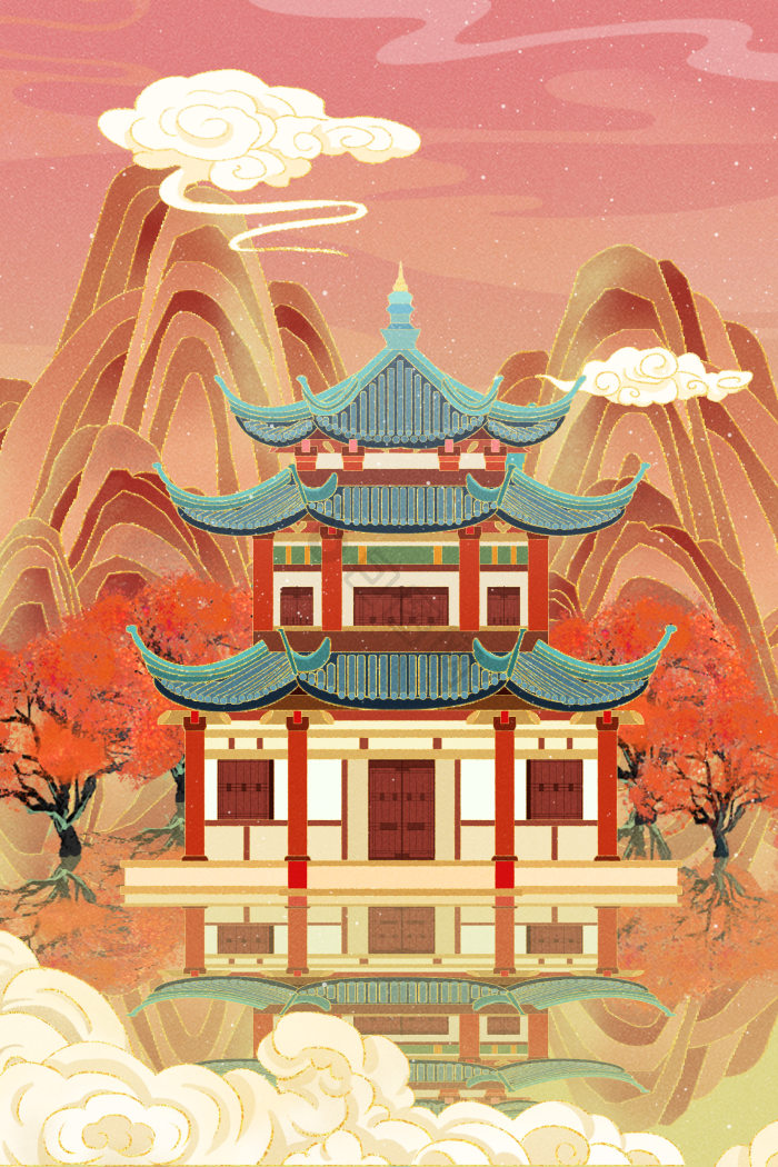 古风梦幻山水建筑插画图片-包图网