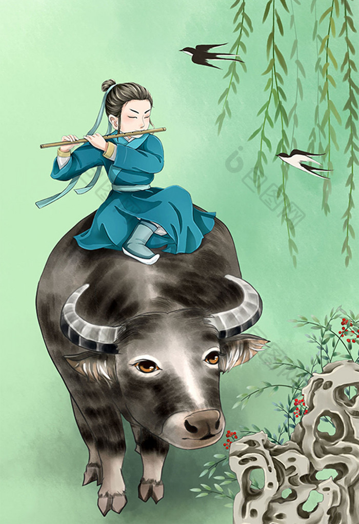 调古风牧童插画图片