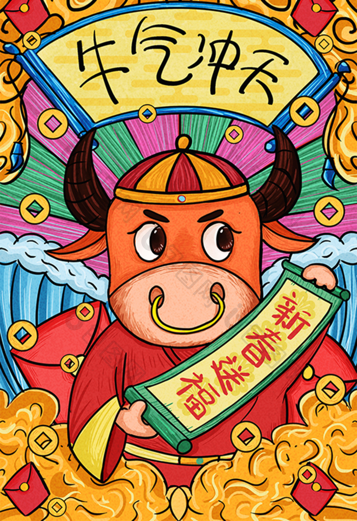 牛年牛气冲天插画图片