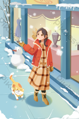小寒大寒美女与猫逛街插画图片