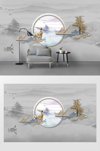 新中式轻奢立体浮雕挂件金树鹿意境背景墙图片