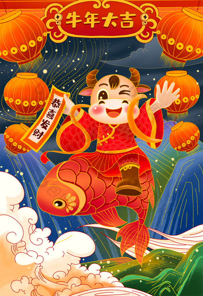 中国风牛年春节年画插画图片