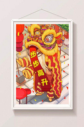 红色喜庆卡通风舞狮新年春节插画图片