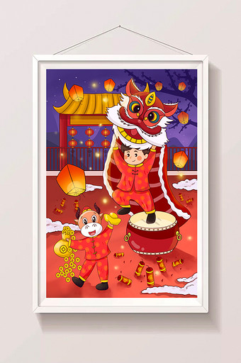 红色喜庆舞狮过新年的场景插画图片