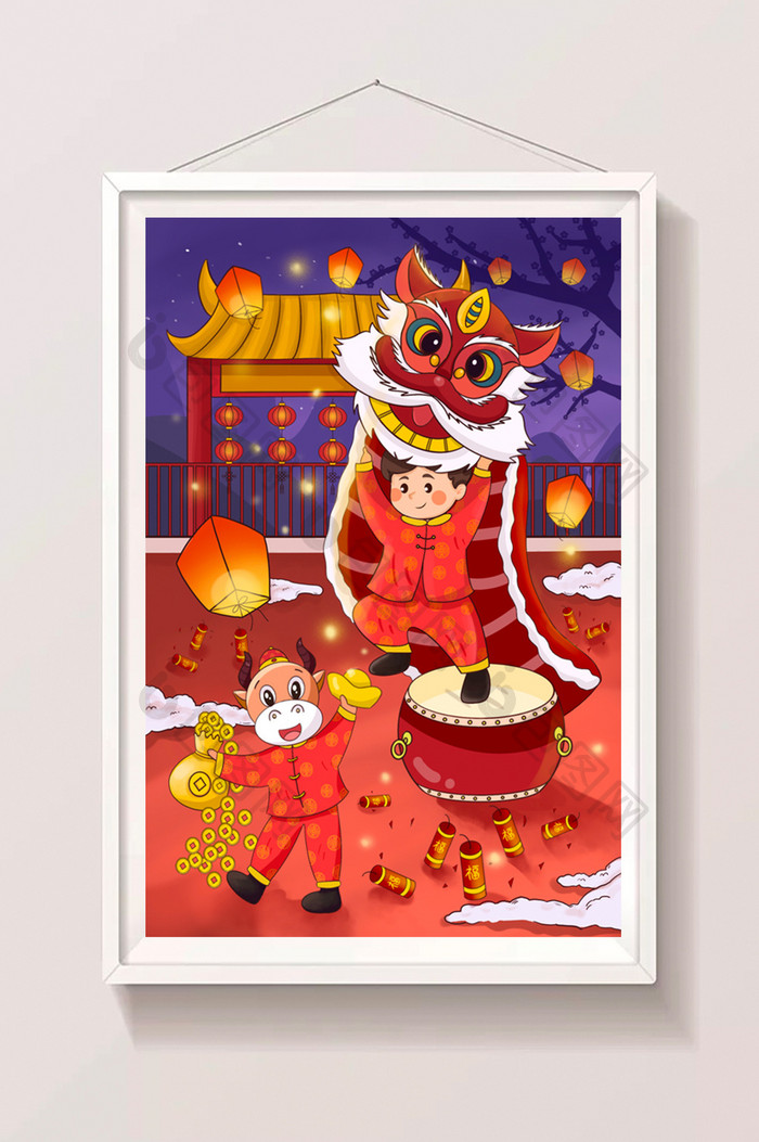 红色喜庆舞狮过新年的场景插画