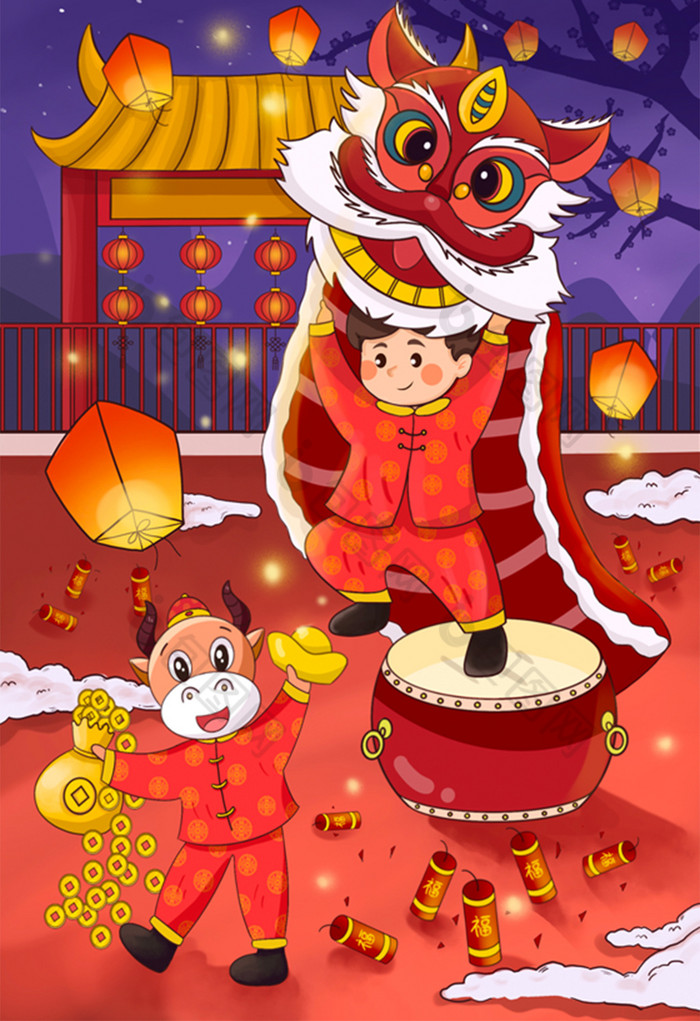 舞狮过新年的场景插画图片