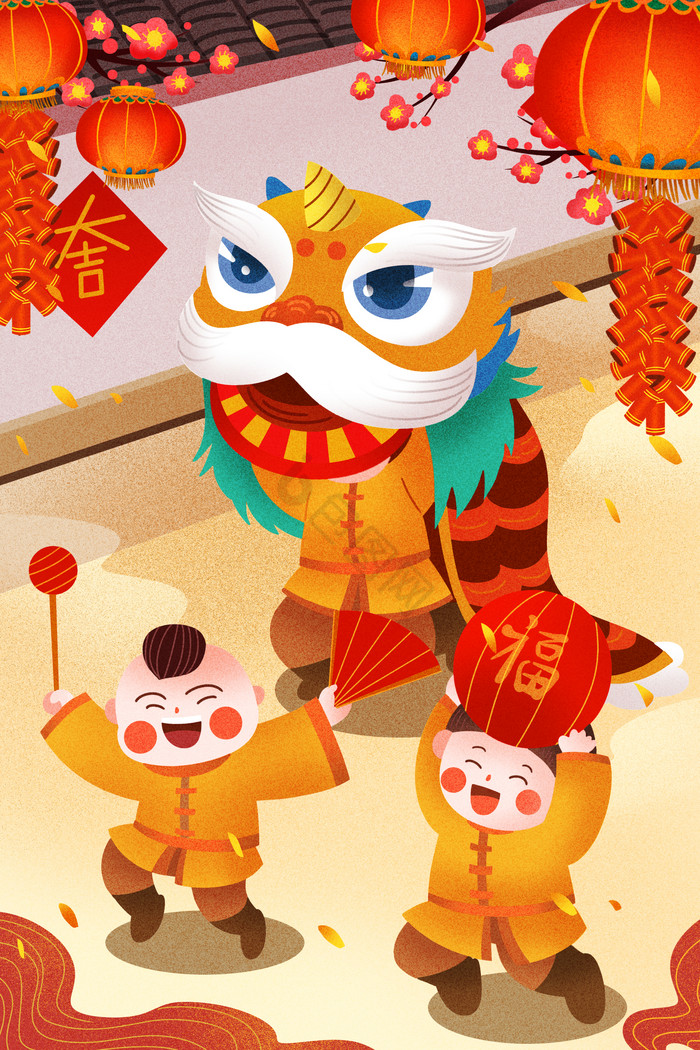 中国新年舞狮插画图片