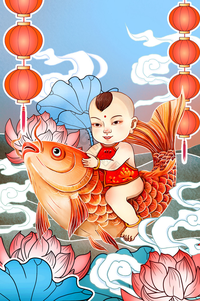 暖色调新年福娃插画图片