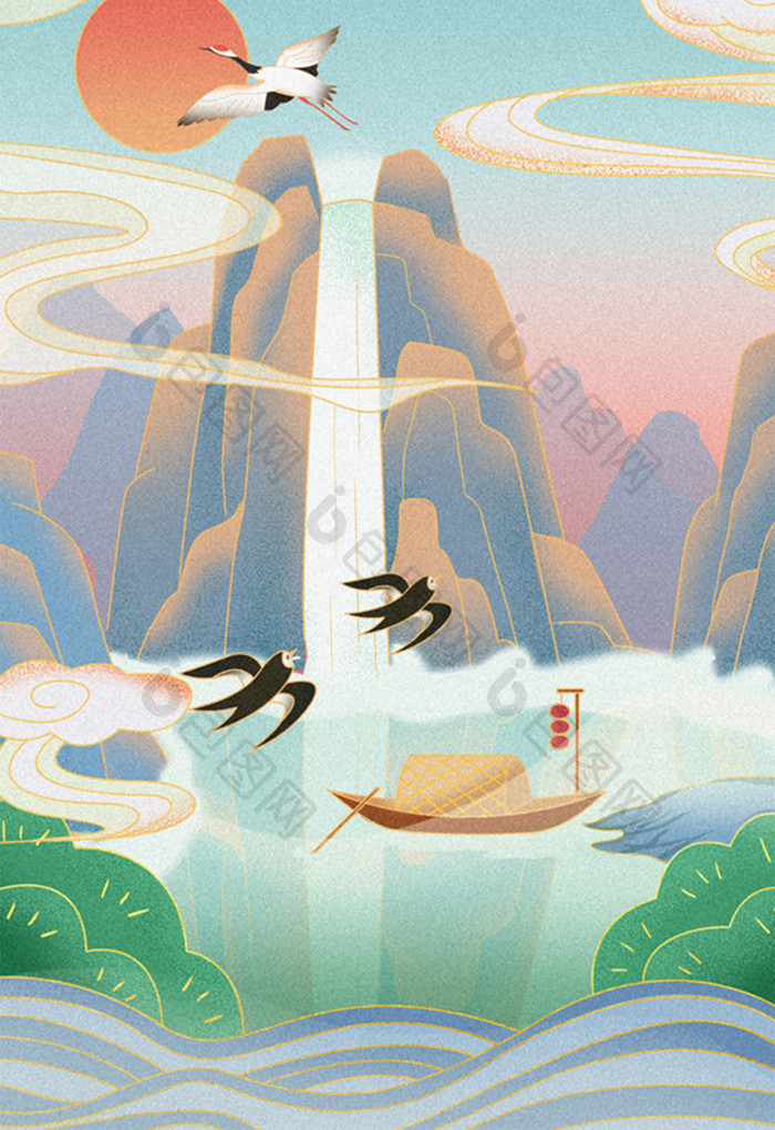 中国风山水自然风光插画