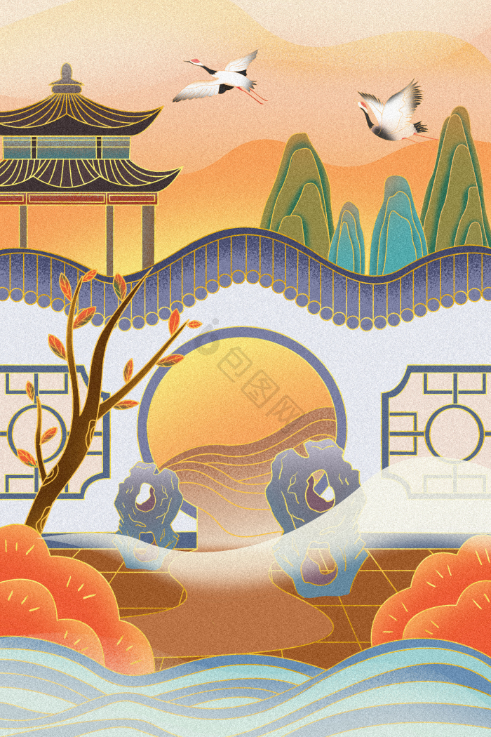 园林建筑插画图片-包图网