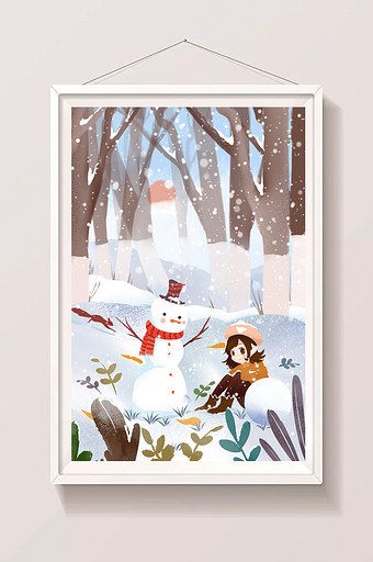 二十四节气之大雪小女孩与雪人插画图片