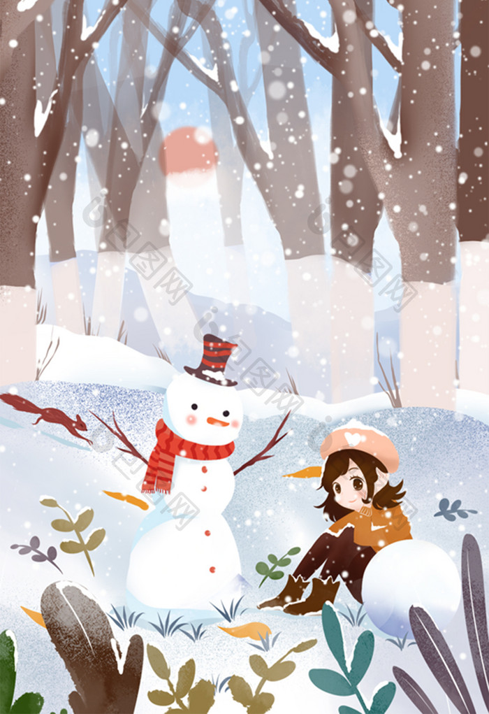 二十四节气之大雪小女孩与雪人插画