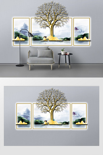 新中式浮雕立体三联轻奢山水树背景墙图片