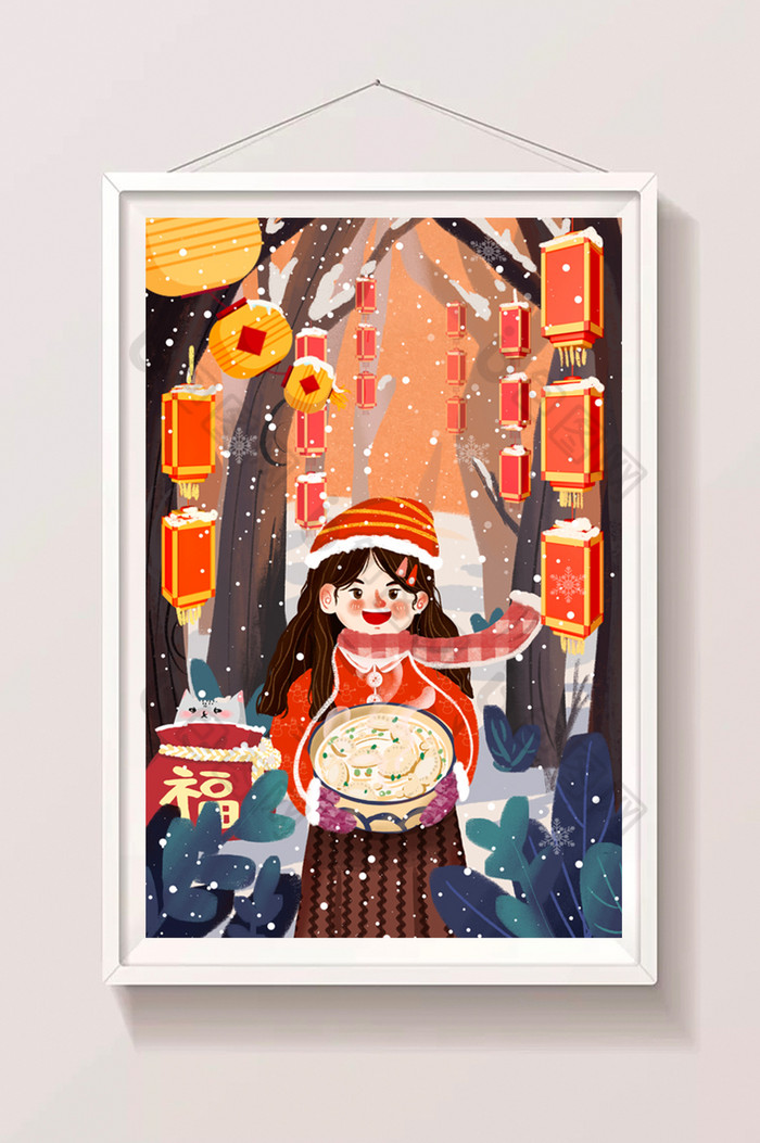 新年元旦跨年冬天下雪吃饺子灯笼插画图片图片