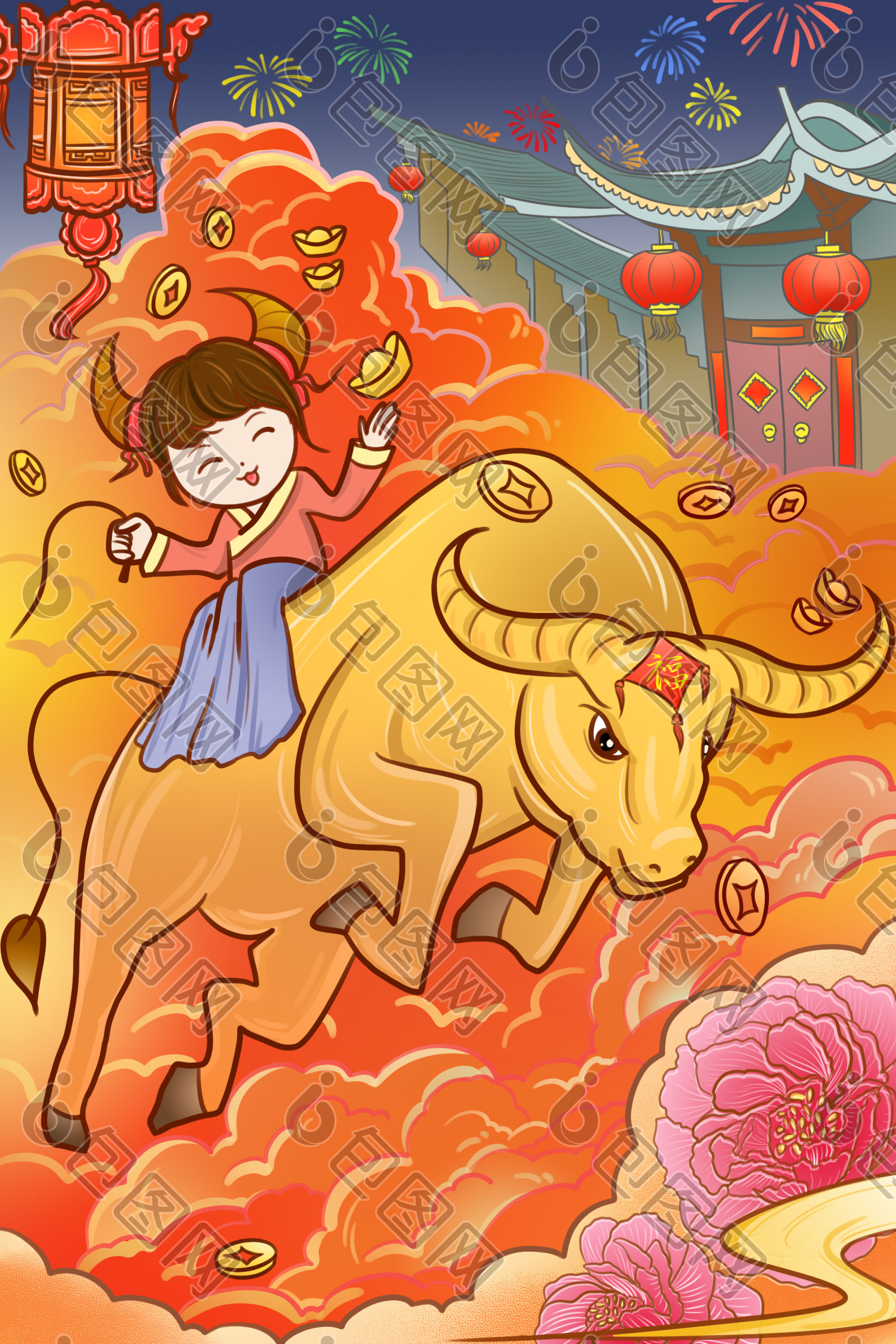 国潮风2021牛年福娃骑牛插画图片
