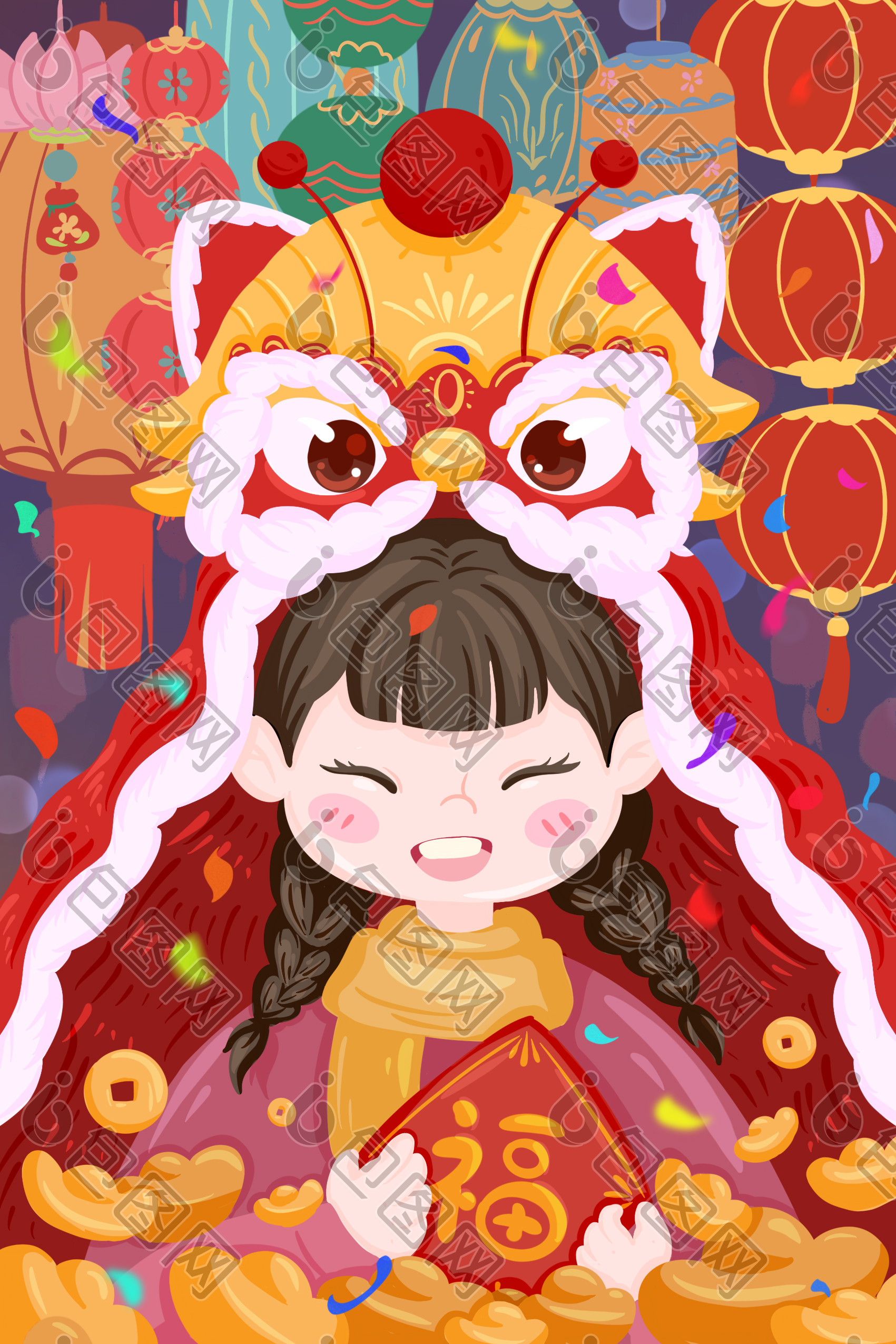 新年元旦跨年小女孩舞狮红色送福灯笼插画