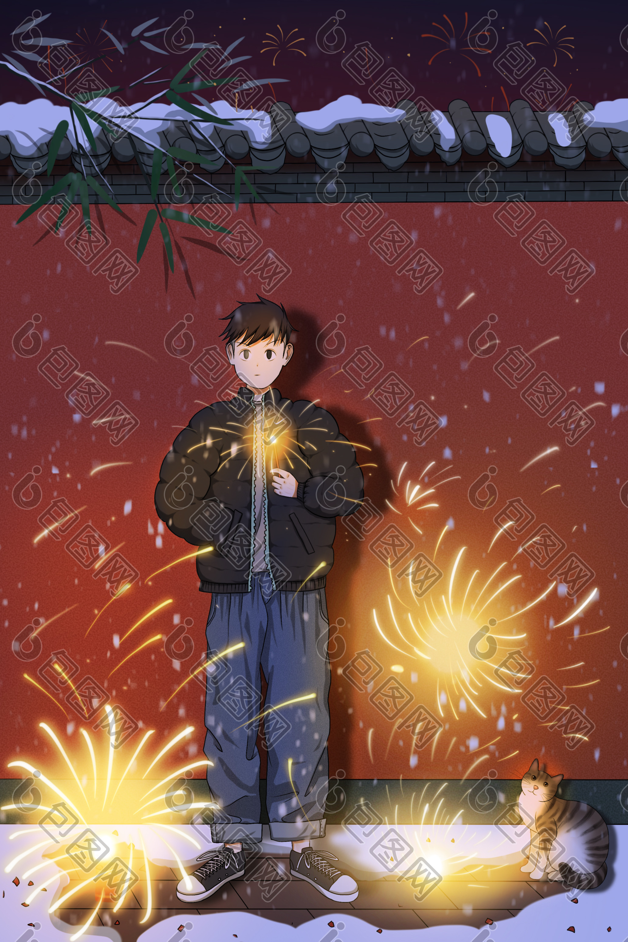 中国风过年放烟花春节插画图片