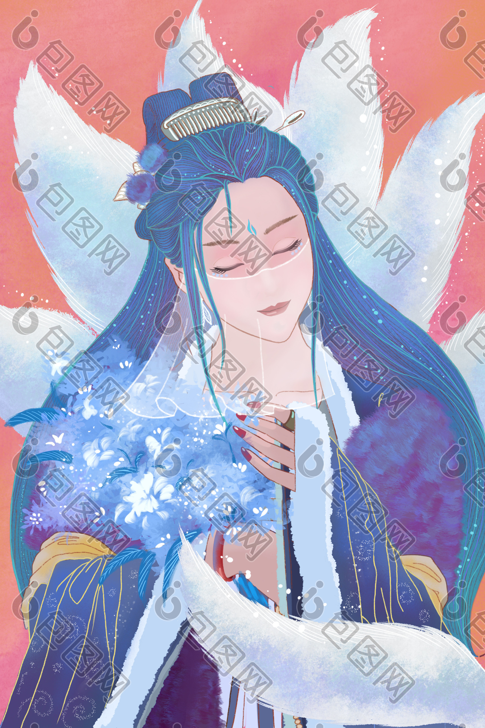 蓝色色古风人物插画