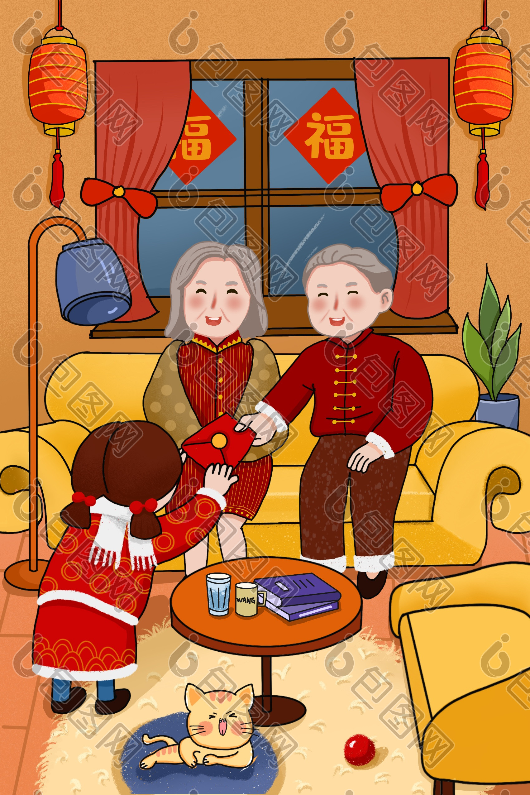 2021牛年春节年俗拜年收压岁钱喜庆插画