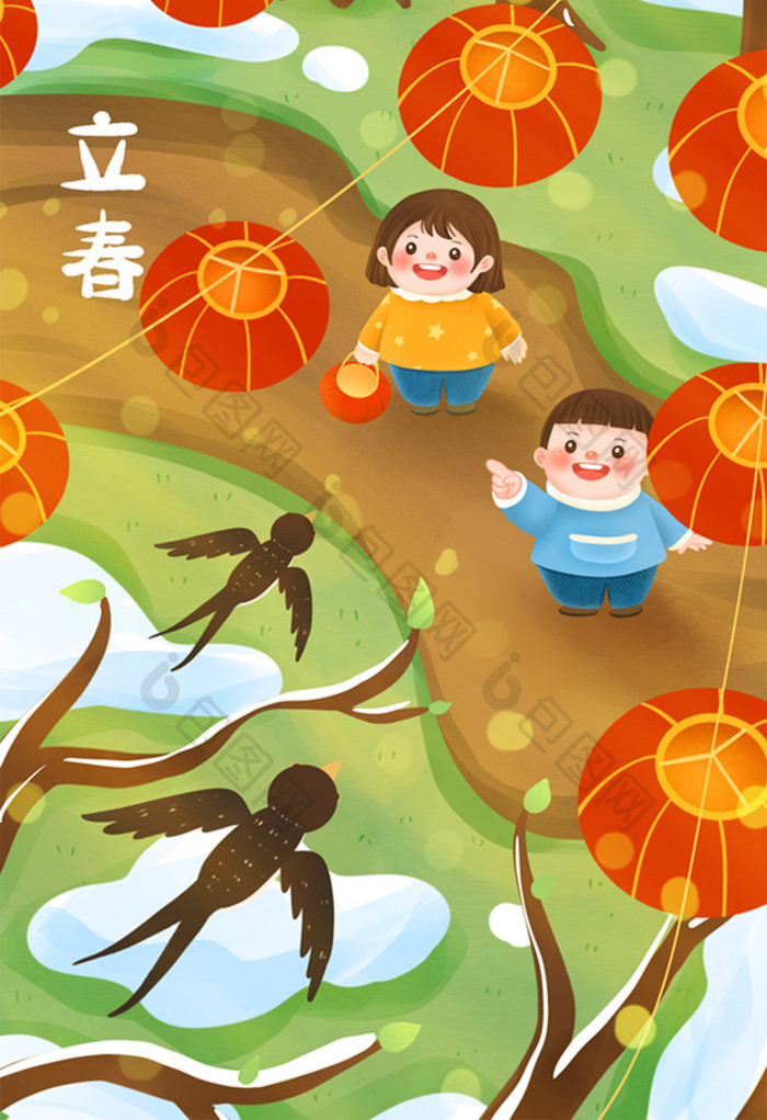 立春节气燕子归来仰望天空的小孩插画