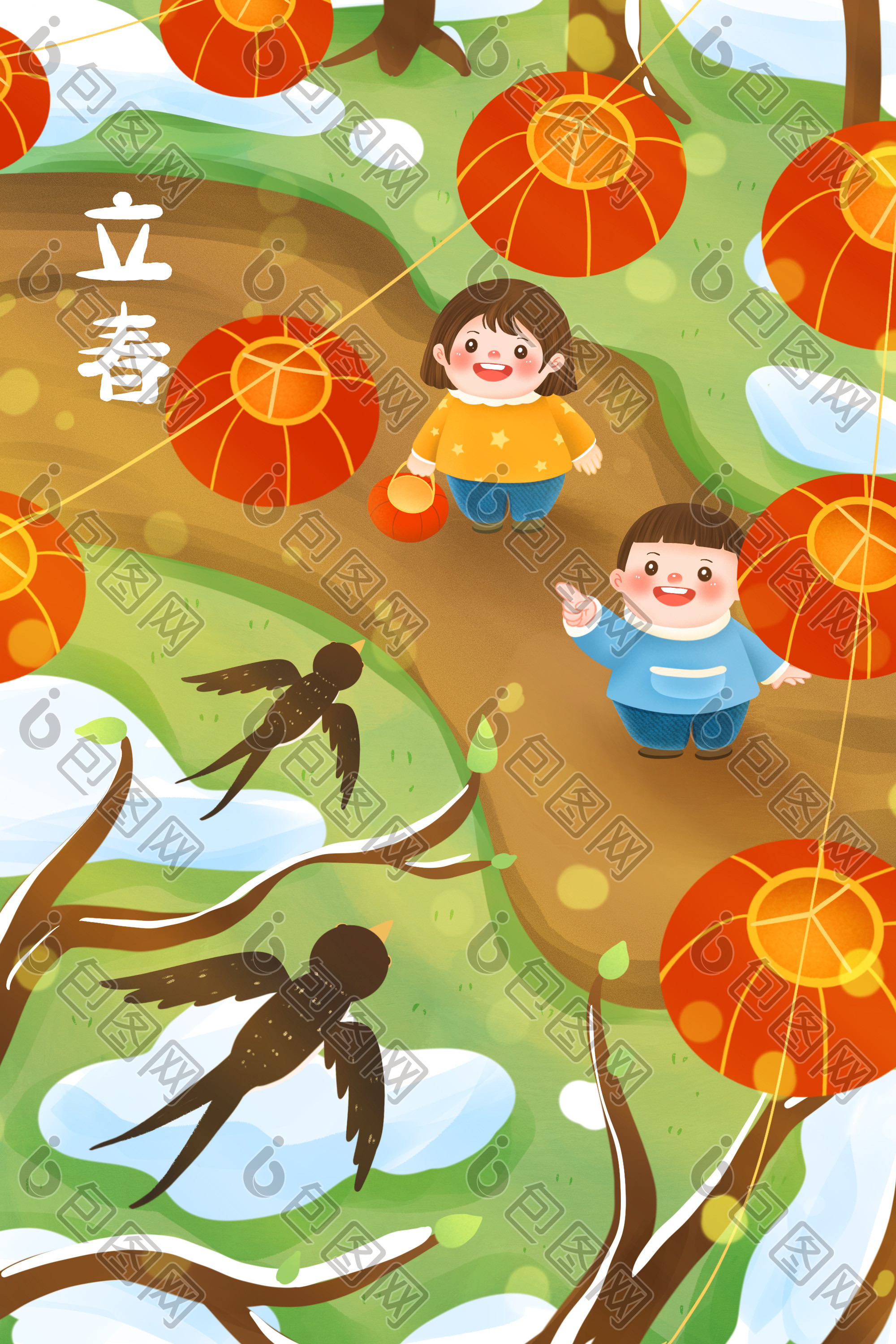 立春节气燕子归来仰望天空的小孩插画