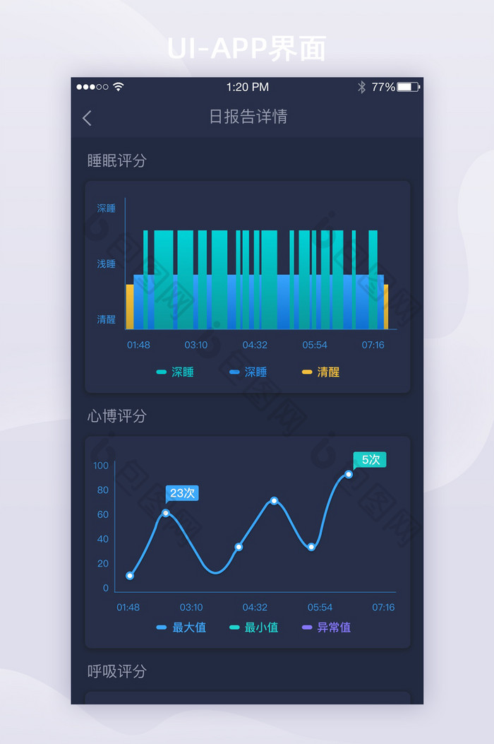 深色健康睡眠报告APP详情页