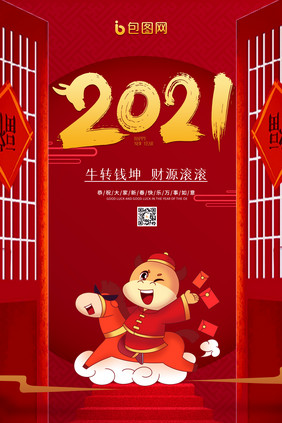 红色喜庆2021牛年快乐新春海报