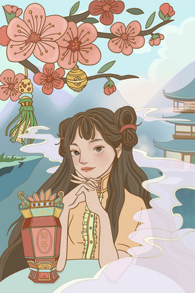 青色中国风古风女孩新年插画