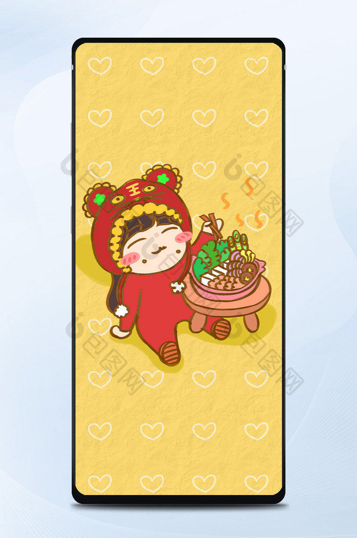 卡通女生美食吃火锅趣味冬日手绘手机壁纸图片图片