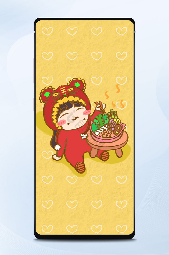卡通女生美食吃火锅趣味冬日手绘手机壁纸图片