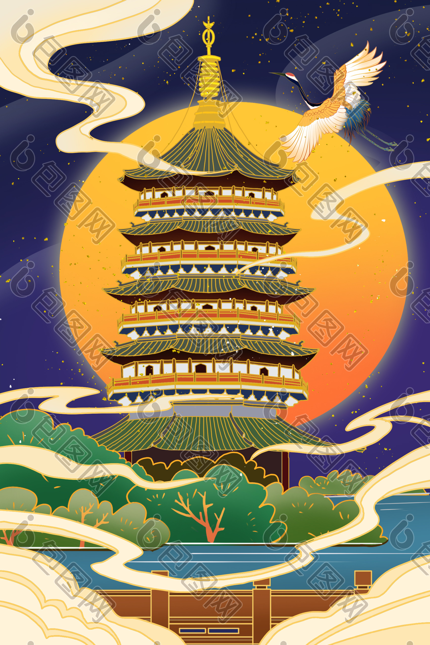 杭州雷峰塔旅游插画图片